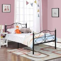 Twin Size Bed Frame With Wooden Headboard And Footboard, Mattress Foundation/Platform With Strong Metal Slats And Anti-Slip Support, No Box Spring Needed/Noise Free, Metal Wood Head Board -Best Furniture Store 51IzzfqiENL. AC