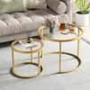 Gold Nesting Coffee Table Set Of 2, Modern Tempered Glass Side Table, Metal Frame End Table,Blue Plated Glass Table For Living Room, Office,Home Decor