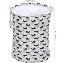 Sea Team 19.7" X 15.7" Large Sized Folding Cylindric Waterproof Coating Canvas Fabric Laundry Hamper Storage Basket With Drawstring Cover, Whale