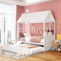 MERITLINE Wood Twin Bed House Bed For Kids, Twin Size Platform Bed With Roof And Fence, Kids House Bed For Girls Boys,Gray -Best Furniture Store 51JYMuu1OlL. AC