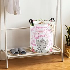 Personalized Custom Elephant Flower Splice Name Collapsible Large Sized Clothes Hamper With Knitting Handles For Baby Girls Boys Kids Nursery Clothes Things