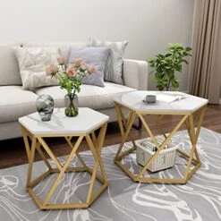 Auromie Nesting Coffee Table Set Of 2, Hexagonal Side End Tables With Metal Frame, Modern Center Tables With Faux Marble Top For Living Room, Office, Balcony, Small Nightstands For Bedroom, White&Gold -Best Furniture Store 51JyAm8wcXL
