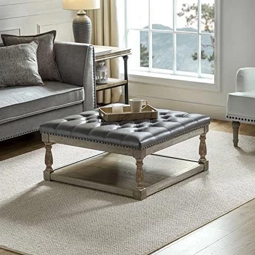 HULALA HOME Large Square Ottoman Coffee Table For Living Room, Button Tufted Cocktail Ottoman With Shelf & Solid Wood Legs, Upholstered Farmhouse Footrest Stool, Beige 11 HULALA HOME Large Square Ottoman Coffee Table For Living Room, Button Tufted Cocktail Ottoman With Shelf & Solid Wood Legs, Upholstered Farmhouse Footrest Stool, Beige - Image 11