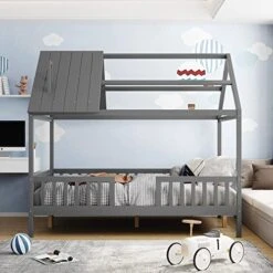 GAOWEI Full Size House Bed,Full Wood House Bed Frame,Full Size Bed With Roof,Chimney And Fence For Kids,Teens,Girls,Boys,Full Size House Bed For Kids (House Bed-Gray) -Best Furniture Store 51KBhtnYOHL