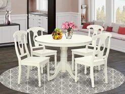 EAST WEST FURNITURE 5 Pc Set With A Round Kitchen Table And 4 Leather Dinette Chairs In Linen White -Best Furniture Store 51KC5Pt i6L. AC
