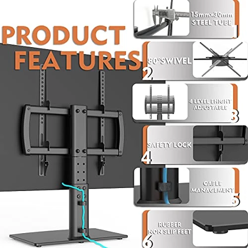 Universal Swivel TV Stand/Base Table Top TV Stand 27 To 60 Inch TVs 80 Degree Swivel, 4 Level Height Adjustable, Heavy Duty Tempered Glass Base, Holds Up To 99lbs Screens, HT04B-001 3 Universal Swivel TV Stand/Base Table Top TV Stand 27 To 60 Inch TVs 80 Degree Swivel, 4 Level Height Adjustable, Heavy Duty Tempered Glass Base, Holds Up To 99lbs Screens, HT04B-001 - Image 3