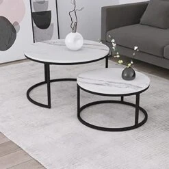Modern Nesting Coffee Tables Set Of 2, Jepwe Round Coffee Table Faux Marble Tabletop Powder Coated Metal Frame Mid Century Wooden Accent Side Tables For Living Room Bedroom Office Balcony, White/Black -Best Furniture Store 51KLYTckOkL