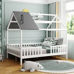 GAOWEI Full Size House Bed,Full Wood House Bed Frame,Full Size Bed With Roof,Chimney And Fence For Kids,Teens,Girls,Boys,Full Size House Bed For Kids (House Bed-Gray) -Best Furniture Store 51KOsD95WUL. AC 1