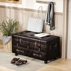 LONYKE Vintage Treasure Chest Bench With Latch Closure And Buckle Trunk, Farmhouse Faux Leather Storage Ottoman Bench For Living Room, Entryway, Bedroom, Sponge Padded ，Black Brown