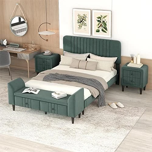 Queen Size Platform Bed With 2 Nightstands, 3 Pieces Queen Bedroom Set, Wood Queen Bed With Headboard, Queen Bedroom Furniture Sets (Champagne Silver) 8 Queen Size Platform Bed With 2 Nightstands, 3 Pieces Queen Bedroom Set, Wood Queen Bed With Headboard, Queen Bedroom Furniture Sets (Champagne Silver) - Image 8