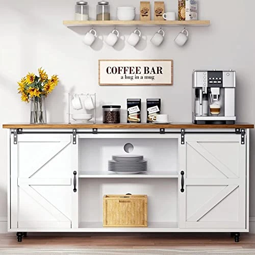 HOMBCK Farmhouse Coffee Bar Cabinet, Sideboard Buffet Cabinet With Storage, White Coffee Bar Kitchen Storage Cabinet With Sliding Barn Doors, Sideboard Cabinet For Living Room, Entryway, White 1 HOMBCK Farmhouse Coffee Bar Cabinet, Sideboard Buffet Cabinet With Storage, White Coffee Bar Kitchen Storage Cabinet With Sliding Barn Doors, Sideboard Cabinet For Living Room, Entryway, White