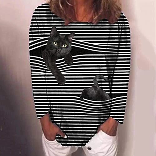 Womens Summer TopsWomens Long Sleeve Blouse 3D Cat Graphic Pullover Stripe Crewneck Tops Ladies Casual Tshirt 5 Womens Summer TopsWomens Long Sleeve Blouse 3D Cat Graphic Pullover Stripe Crewneck Tops Ladies Casual Tshirt - Image 5