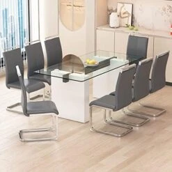 JUFU 71" Glass Dining Table Set For 6,Modern Rectangle Dinner Tempered Glass Table Top Of 0.39 Thick And Pu Leather Dining Chairs, Big Kitchen Room Table Set With Durable MDF Frame (White, Set Of 6) -Best Furniture Store 51LF7X68XlL. AC