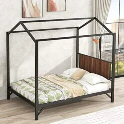 Harper & Bright Designs Twin Size House Bed With Trundle, Metal Kids Platform Bed Frame With Roof, House-Shape Bed Frame Can Be Decorated For Kids Girls Boys Toddlers(Black) -Best Furniture Store 51LHj7vOaDL. AC