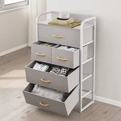 Tall Dresser Storage Chest, Vanity Furniture Cabinet Tower Unit For Bedroom, Office, And Closet, 5 Removable Drawers With Wood Top, Light Grey -Best Furniture Store 51LRi0gWk5L