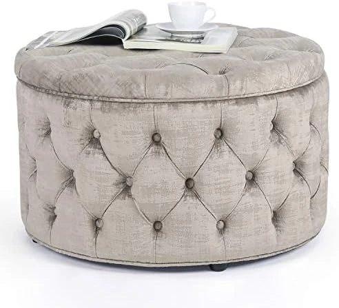 Homebeez Round Velvet Storage Ottoman, Button Tufted Footrest Stool Coffee Table For Living Room (Grey) 4 Homebeez Round Velvet Storage Ottoman, Button Tufted Footrest Stool Coffee Table For Living Room (Grey) - Image 4
