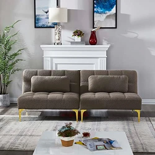 Modern Convertible Futon Sofa Bed Couch With Gold Metal Legs, Futon Sleeper Couch Daybed Single Chair With Teddy Fabric & Pillow For Apartment Office Small Space Living Room (White Teddy) 7 Modern Convertible Futon Sofa Bed Couch With Gold Metal Legs, Futon Sleeper Couch Daybed Single Chair With Teddy Fabric & Pillow For Apartment Office Small Space Living Room (White Teddy) - Image 7