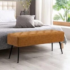 Fefances Modern Velvet Bedroom Bench Entryway Bench Living Room Bench For Bedroom Indoor Benches Gold Ottoman Pink -Best Furniture Store 51Lm nW1hOL. AC