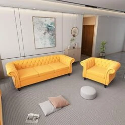 2 Piece Living Room Set, Velvet Chesterfield Sofa Loveseat Couch With Scroll Arms And Nailhead For Living Room, Office (Grey) -Best Furniture Store 51LmUdPCNJL. AC