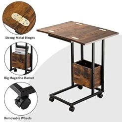 Hadulcet Sofa Side Table, Foldable End Table With Storage Basket, C Shaped Table With Wheels For Living Room Bedroom Small Spaces, Rustic Brown -Best Furniture Store 51LsKuTroQL