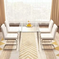 Glass Dining Table Set Of 4, 51'' Modern Rectangular Kitchen Table, Transparent Glass Top And 4 Faux Leather High Back Dining Chairs Armless Dining Chairs, With Chrome Metal Stand(White Chairs) -Best Furniture Store 51MB3KdJmuL