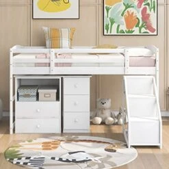 Harper & Bright Designs Twin Loft Bed With Multifunctional Movable Built-in Desk, Wood Low Loft Bed With Stairs, For Kids Teens Girls Boys - White 10 Harper & Bright Designs Twin Loft Bed With Multifunctional Movable Built-in Desk, Wood Low Loft Bed With Stairs, For Kids Teens Girls Boys - White -Best Furniture Store 51MKrMdqb1L