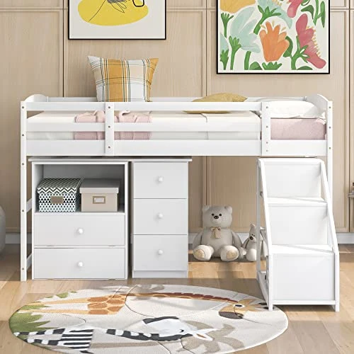 Harper & Bright Designs Twin Loft Bed With Multifunctional Movable Built-in Desk, Wood Low Loft Bed With Stairs, For Kids Teens Girls Boys - White 3 Harper & Bright Designs Twin Loft Bed With Multifunctional Movable Built-in Desk, Wood Low Loft Bed With Stairs, For Kids Teens Girls Boys - White - Image 3