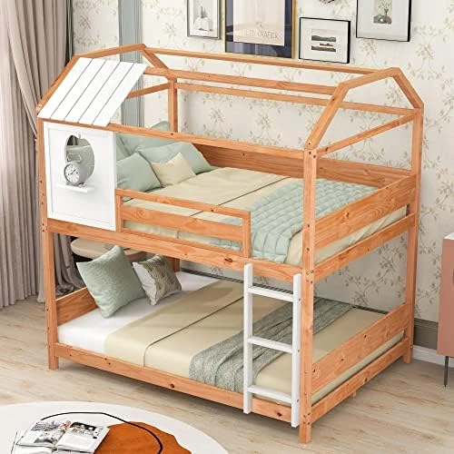 GLORHOME Twin Size Low Loft Bed House Bedframe With Roof And 2 Windows,Wood Slat Support, Fun Bedroom Furniture For Kids, White 12 GLORHOME Twin Size Low Loft Bed House Bedframe With Roof And 2 Windows,Wood Slat Support, Fun Bedroom Furniture For Kids, White - Image 12