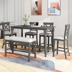 SZUBEE Piece Counter Height Dining Set For 6, Rectangular Wood Table With Shelf And 4 Upholstered Chairs 1 Bench For Kitchen Family, Gray