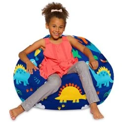 Posh Creations Bean Bag Chair For Kids, Teens, And Adults Includes Removable And Machine Washable Cover, Canvas Dinos On Blue, 38in - Large