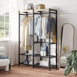 Metal Freestanding Wardrobe Storage Unit With Wooden Top Shelf And Built In Color Changing Lights With 7 Colors And 20 Dynamic Modes, Black 8 Metal Freestanding Wardrobe Storage Unit With Wooden Top Shelf And Built In Color Changing Lights With 7 Colors And 20 Dynamic Modes, Black -Best Furniture Store 51Mi36xn8VL