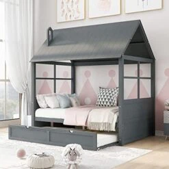 MERITLINE Wood Twin Bed House Bed For Kids, Twin Size Platform Bed With Roof And Fence, Kids House Bed For Girls Boys,Gray -Best Furniture Store 51MjPI2wkHL. AC