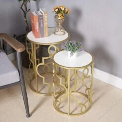 Gold&White Round Nesting Side End Tables Set Of 2 In Wooden Top, Assemble Already, Small Coffee Tables For Living Room Small Space, 16.5" D X 22" H & 14" D X 19" H 9 Gold&White Round Nesting Side End Tables Set Of 2 In Wooden Top, Assemble Already, Small Coffee Tables For Living Room Small Space, 16.5" D X 22" H & 14" D X 19" H -Best Furniture Store 51MkFN6tqjL