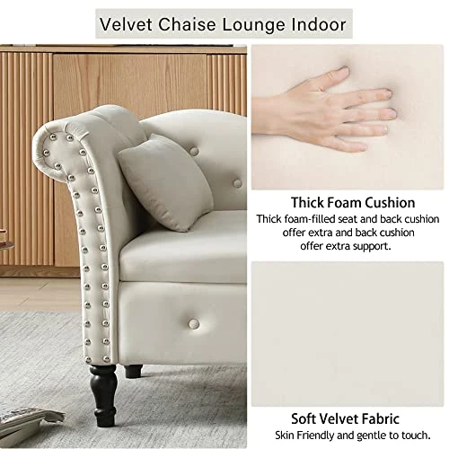 Homtique 60" Velvet Storage Chaise Lounge Indoor Button Tufted With Pillow, Nailhead Decorate Rolled Arm Chaise Lounge For Bedroom Living Room (Beige, With Storage) 2 Homtique 60" Velvet Storage Chaise Lounge Indoor Button Tufted With Pillow, Nailhead Decorate Rolled Arm Chaise Lounge For Bedroom Living Room (Beige, With Storage) - Image 2