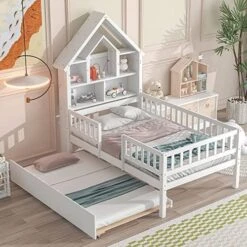 Twin Bed Frame With Storage Drawers, House Twin Platform Bed With Bookcase Headboard, Twin Low Loft Bed With Fence For Kids, Girls, Boys, Teens, No Box Spring Needed (White) -Best Furniture Store 51N5cAmSeZL. AC