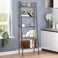 5 Shelves Ladder Shelf, 5 Tier Bookshelf, Storage Rack Wooden Shelf Ladder, Ladder Shelf Bookcase, Rustic Industrial Shelving Unit, Vintage Flower Plant Stand Rack For Living Room, Bedroom And Office