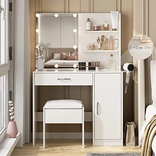 Makeup Vanity With Lights, Vanity Desk With Mirror And Lights Set, Large Drawer And Two-Tier Lots Storage Cabinet Dresser, 3 Lighting Modes Adjustable Brightness, Makeup Table For Bedroom, White 9 Makeup Vanity With Lights, Vanity Desk With Mirror And Lights Set, Large Drawer And Two-Tier Lots Storage Cabinet Dresser, 3 Lighting Modes Adjustable Brightness, Makeup Table For Bedroom, White - Image 9