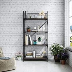 4 Tier Folding Bookshelf, Industrial Metal Book Shelf For Storage, Folding Bookcase For Organization And Storage, Rustic Wooden Metal Book Case For Living Room Office, 11.8 D X 23.6 W X 49.8 H Inches -Best Furniture Store 51Ng26BuDxL. AC