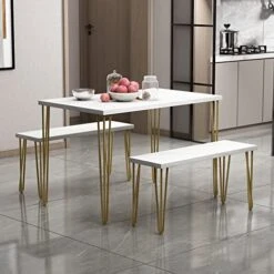 LZ LEISURE ZONE 3-Piece Dining Table Set, Rustic Farmhouse Wooden Kitchen Table With Two Benches, Thick Table/Bench Top With Iron Frame For 4, Faxu Marble White+Gold Frame