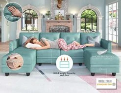 LLappuil Modular Sofa Faux Leather Fabric 112" Sectional Couch 4 Seater With Storage Seats Modern Sectional Sofa For Living Room, Office, Aqua Blue -Best Furniture Store 51Nt7LC6UrL