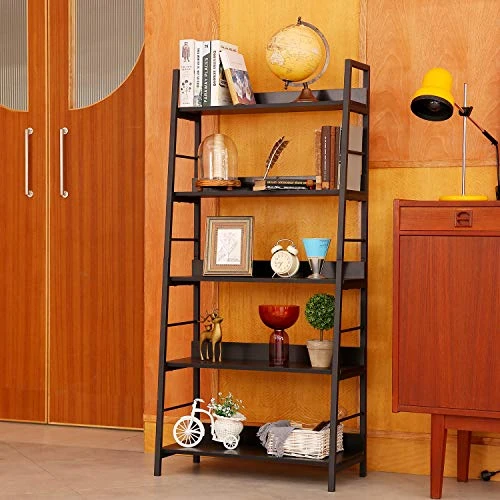 BATHWA Industrial 5-Tier Ladder Bookshelf Wood And Metal Bookcase Black Organizer Stand Rack Storage Ladder Shelves For Living Room Office Bathroom Kitchen, 59'' Height 4 BATHWA Industrial 5-Tier Ladder Bookshelf Wood And Metal Bookcase Black Organizer Stand Rack Storage Ladder Shelves For Living Room Office Bathroom Kitchen, 59'' Height - Image 4