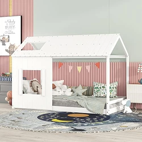 HZSSDTKJ Twin Size Low Wood House Bed With Roof And Window,Wooden Floor Platform Bed Frame With Wood Slats Support,Playhouse Design For Kids Girls Boys Teens Bedroom Furniture (Gray+Natural, Twin) 11 HZSSDTKJ Twin Size Low Wood House Bed With Roof And Window,Wooden Floor Platform Bed Frame With Wood Slats Support,Playhouse Design For Kids Girls Boys Teens Bedroom Furniture (Gray+Natural, Twin) - Image 11