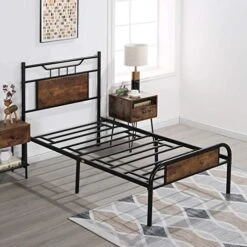 Twin Size Bed Frame With Wooden Headboard And Footboard, Mattress Foundation/Platform With Strong Metal Slats And Anti-Slip Support, No Box Spring Needed/Noise Free, Metal Wood Head Board -Best Furniture Store 51O10hKA7SL