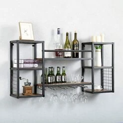 Industrial Hanging Wine Rack Wall Mounted With 5 Stem Glass Holder,47.2in Rustic Wine Glass Rack Wall Mount,Wine Bottle Holder Wall Shelf Wood Shelves,Wine Glass Shelf Metal Floating Bar Shelves -Best Furniture Store 51OBMPpehvL