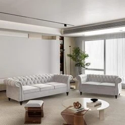 2 Piece Living Room Set, Velvet Chesterfield Sofa Loveseat Couch With Scroll Arms And Nailhead For Living Room, Office (Grey) -Best Furniture Store 51OMDNxvskL. AC