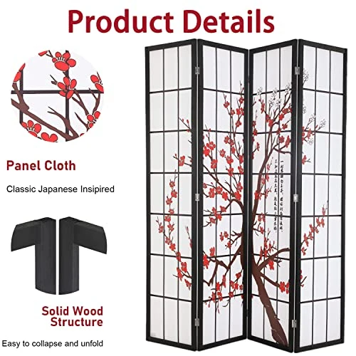 Room Divider 6Ft Folding Privacy Divider 4 Panel Portable Room Seperating Chinese Style Dividers Japanese Screen Wall Divider Wood Divider Tall Freestanding Partition Screen, White 3 Room Divider 6Ft Folding Privacy Divider 4 Panel Portable Room Seperating Chinese Style Dividers Japanese Screen Wall Divider Wood Divider Tall Freestanding Partition Screen, White - Image 3