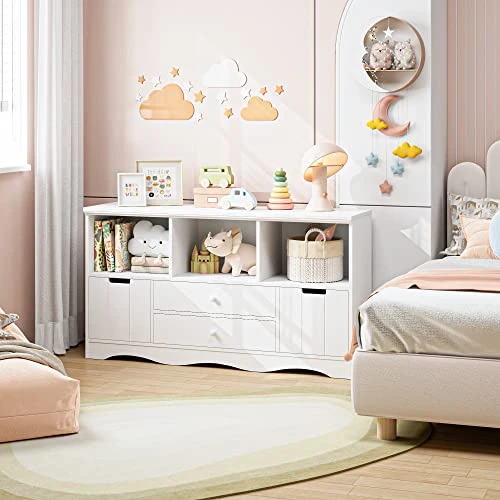 FOTOSOK 51.2" Large Toy Storage Organizer With 2 Drawers And 3 Cubbies, Toy Organizers And Storage For Books Or Dolls, Kids Bookshelf And Toy Storage For Playroom, Storage Cabinet For Nursery, White 2 FOTOSOK 51.2" Large Toy Storage Organizer With 2 Drawers And 3 Cubbies, Toy Organizers And Storage For Books Or Dolls, Kids Bookshelf And Toy Storage For Playroom, Storage Cabinet For Nursery, White - Image 2