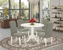 East West Furniture DLEN5-BLK-20 5Pc Round 42" Kitchen Table With Two 9-Inch Drop Leaves And Four Parson Chair With Black Leg And Linen Fabric Dark Gotham Grey, 5 21 East West Furniture DLEN5-BLK-20 5Pc Round 42" Kitchen Table With Two 9-Inch Drop Leaves And Four Parson Chair With Black Leg And Linen Fabric Dark Gotham Grey, 5 -Best Furniture Store 51OYNzZtOSL. AC