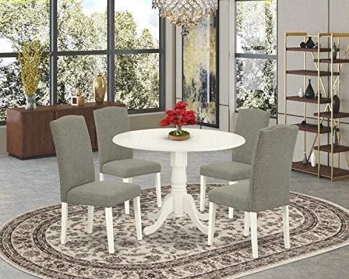 East West Furniture DLEN5-BLK-20 5Pc Round 42" Kitchen Table With Two 9-Inch Drop Leaves And Four Parson Chair With Black Leg And Linen Fabric Dark Gotham Grey, 5 10 East West Furniture DLEN5-BLK-20 5Pc Round 42" Kitchen Table With Two 9-Inch Drop Leaves And Four Parson Chair With Black Leg And Linen Fabric Dark Gotham Grey, 5 - Image 10