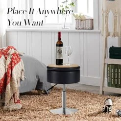 Leather Storage Ottoman Vanity Stool, 18" To 23" Height Adjustable Foot Stool Upholstered Round Footrest Coffee Table Top Cover, Modern Accent Stools,360° Swivel Makeup Stool For Living Room Bedroom -Best Furniture Store 51Obn8EkiXL